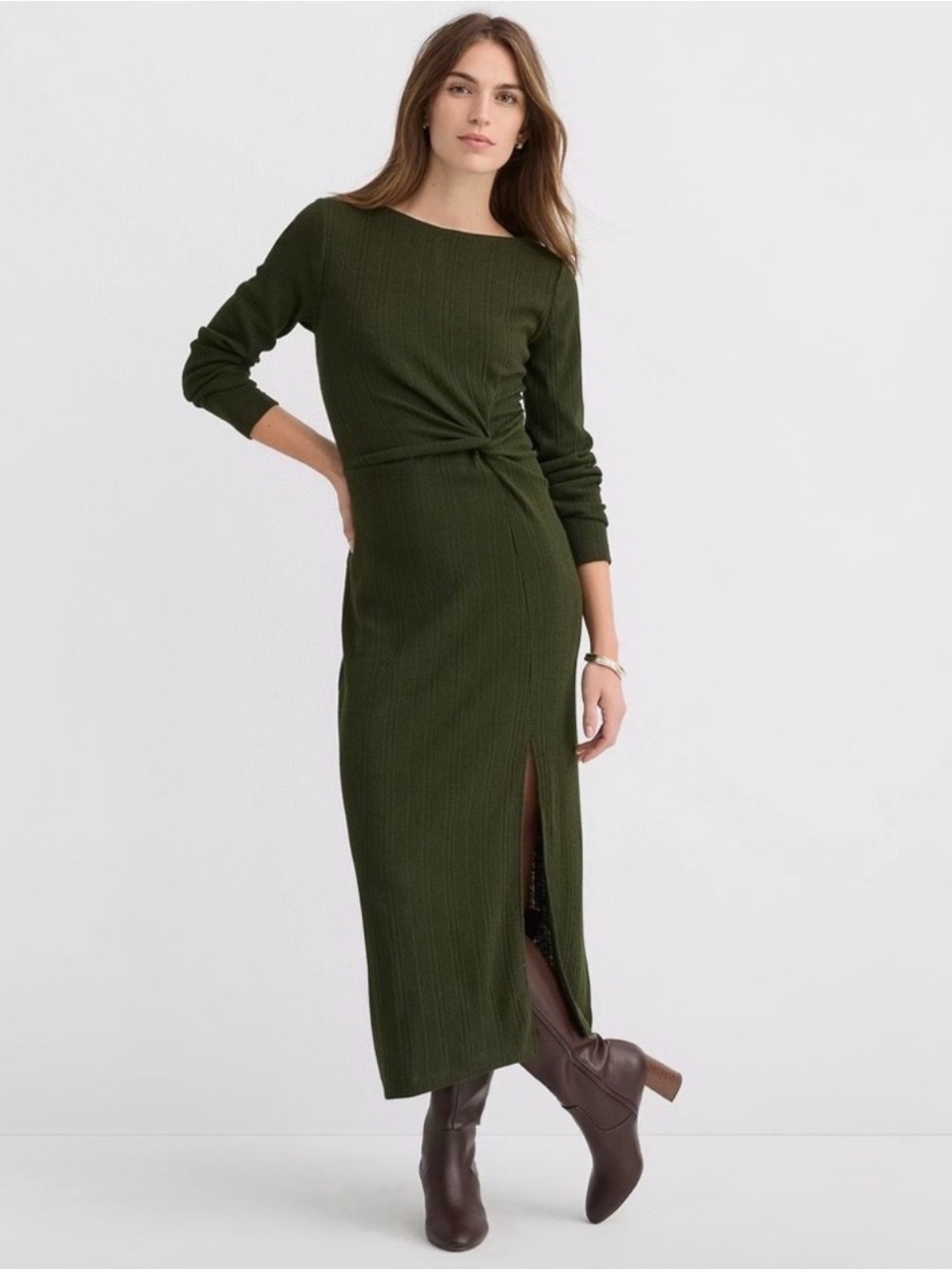 NWT- LOFT Olive Twist-Waist Ribbed Maxi Dress with Front Slit